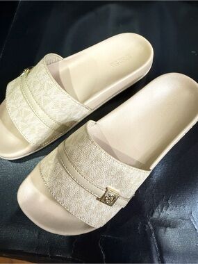 Michael Kors Champagne Gold Logo Slide Sandals